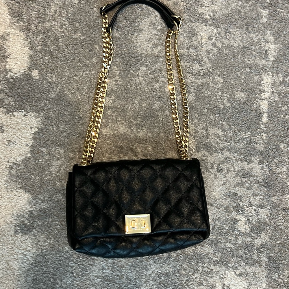 INC International Concepts Black Quilted Shoulder Bag with Gold Chain